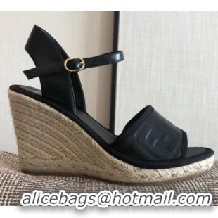 Well Crafted Fendi FF Leather Slingback Wedge Espadrilles Sandals Black 72517