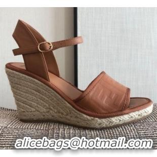 Unique Style Fendi FF Leather Slingback Wedge Espadrilles Sandals Brown 72518