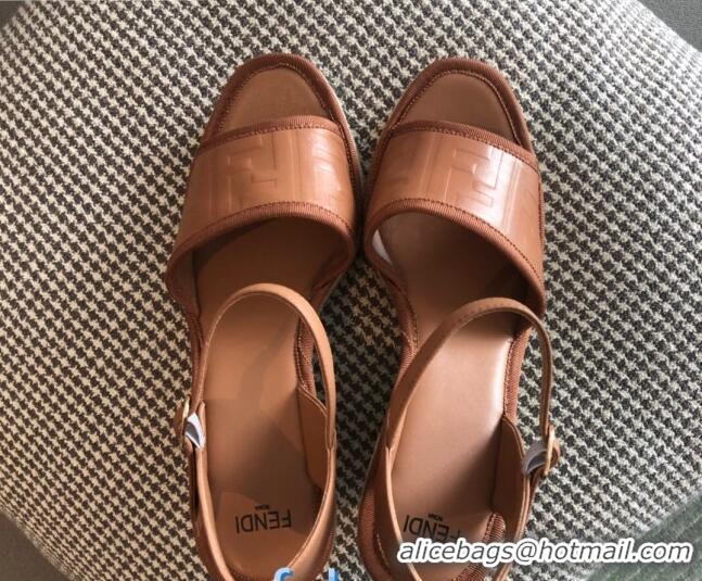 Unique Style Fendi FF Leather Slingback Wedge Espadrilles Sandals Brown 72518