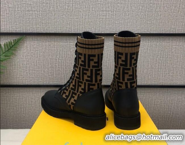 Comfortable Fendi FF Knit Sock Ankle Boots Brown/Black 82812