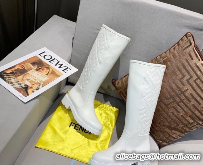 Good Quality Fendi FF Embossed Calfskin High Boots White 82813