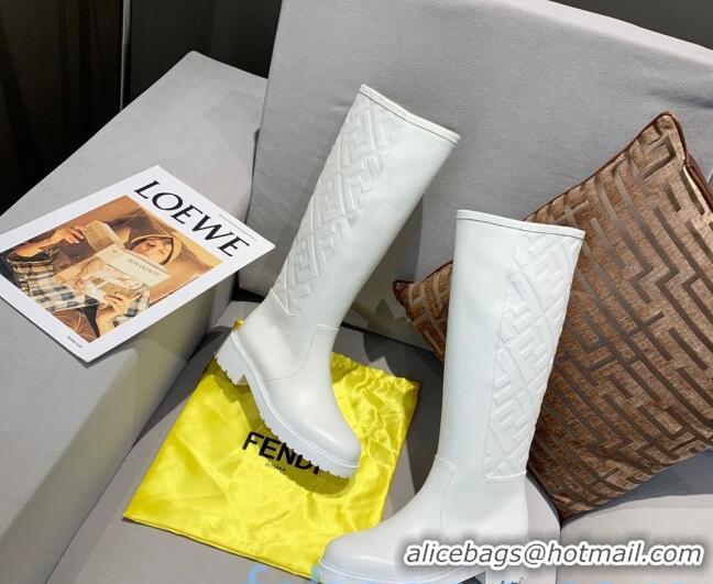 Good Quality Fendi FF Embossed Calfskin High Boots White 82813