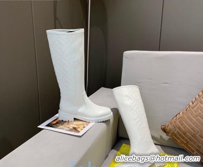 Good Quality Fendi FF Embossed Calfskin High Boots White 82813