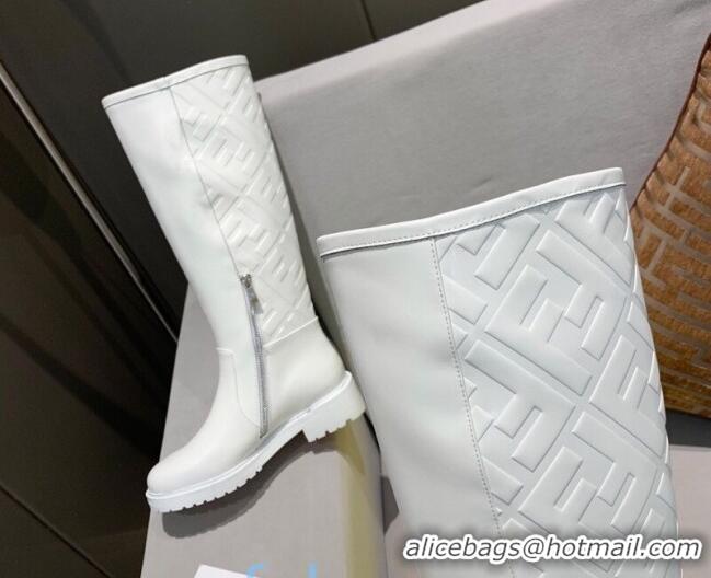 Good Quality Fendi FF Embossed Calfskin High Boots White 82813