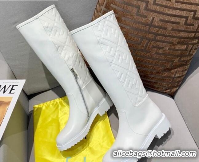 Good Quality Fendi FF Embossed Calfskin High Boots White 82813