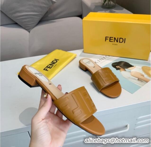 Cheap Price Fendi FF Leather Slide Sandals 92103 Brown