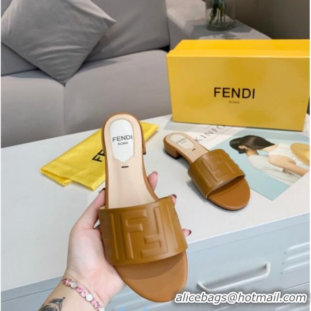 Cheap Price Fendi FF Leather Slide Sandals 92103 Brown