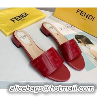 Most Popular Fendi FF Leather Slide Sandals 92103 Red