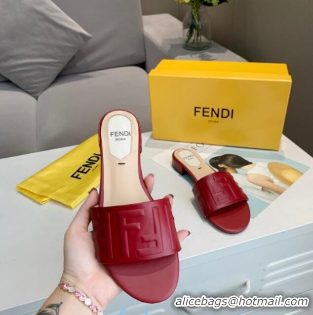 Most Popular Fendi FF Leather Slide Sandals 92103 Red