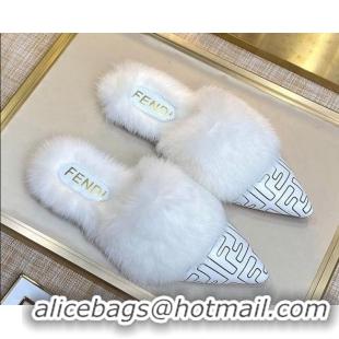 Unique Style Fendi FF Calfskin Fur Flat Slippers Mules 92110 White