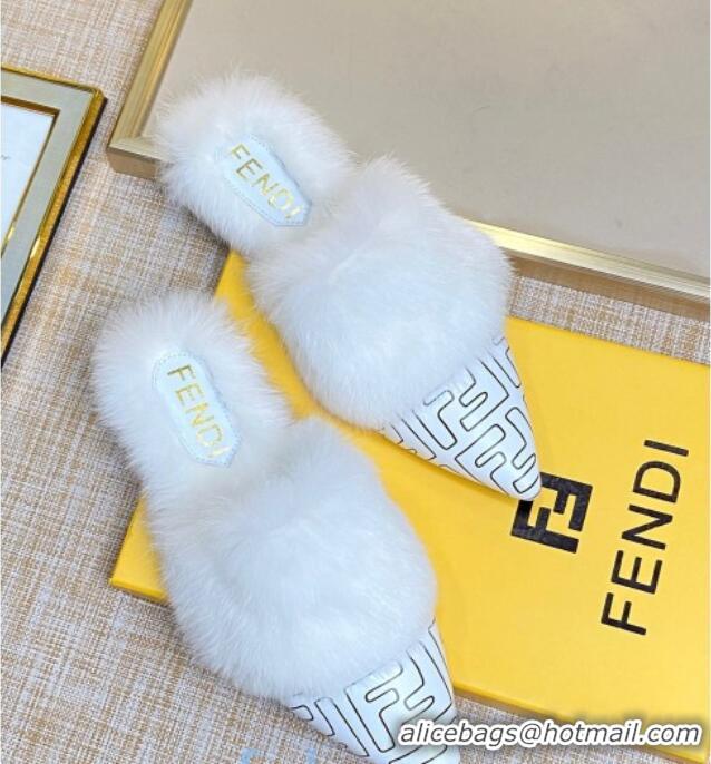 Unique Style Fendi FF Calfskin Fur Flat Slippers Mules 92110 White