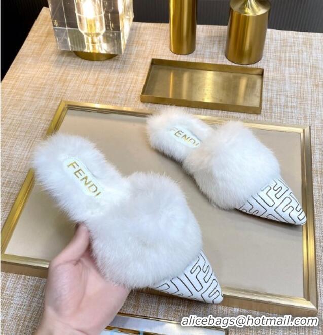 Unique Style Fendi FF Calfskin Fur Flat Slippers Mules 92110 White