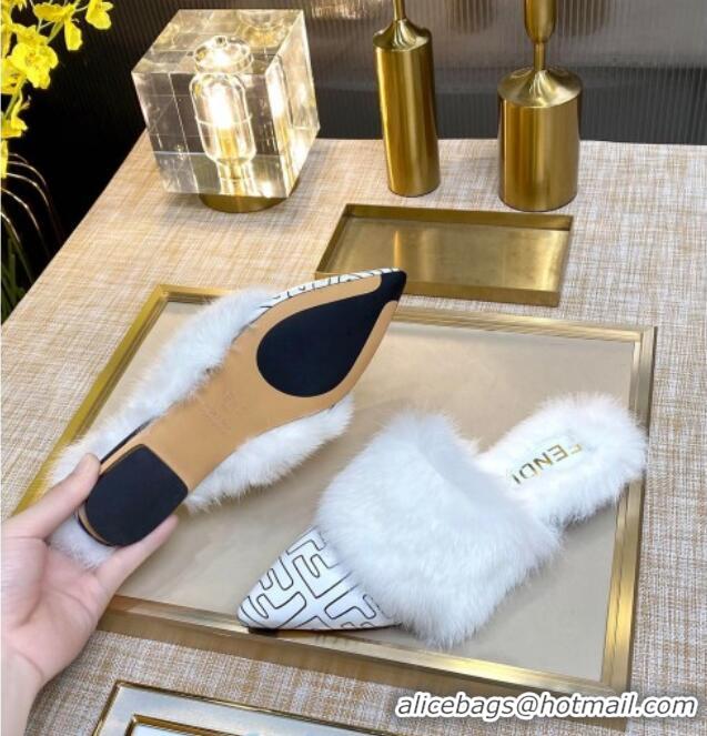 Unique Style Fendi FF Calfskin Fur Flat Slippers Mules 92110 White