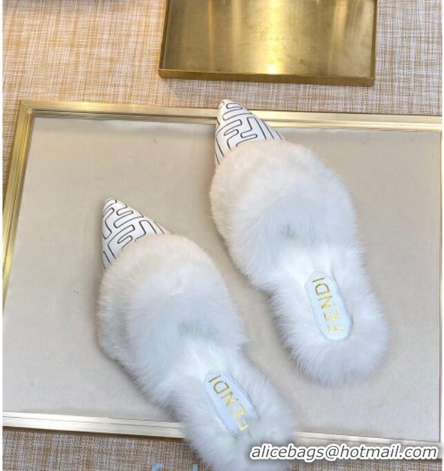 Unique Style Fendi FF Calfskin Fur Flat Slippers Mules 92110 White