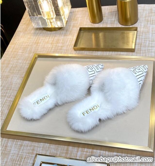 Unique Style Fendi FF Calfskin Fur Flat Slippers Mules 92110 White