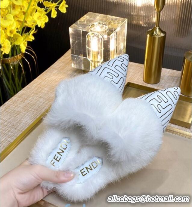 Unique Style Fendi FF Calfskin Fur Flat Slippers Mules 92110 White