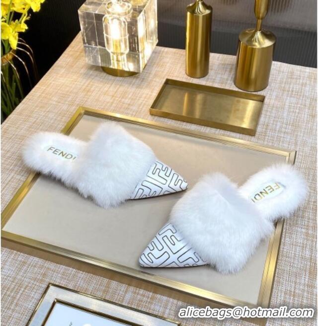 Unique Style Fendi FF Calfskin Fur Flat Slippers Mules 92110 White