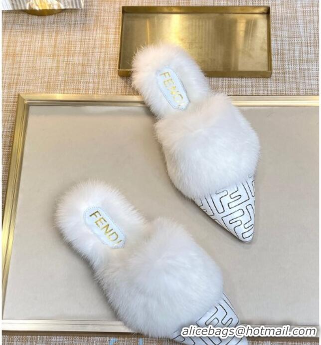 Unique Style Fendi FF Calfskin Fur Flat Slippers Mules 92110 White