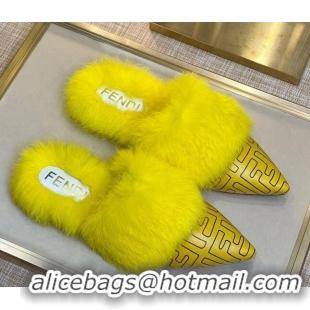 Luxurious Fendi FF Calfskin Fur Flat Slippers Mules 92110 Yellow