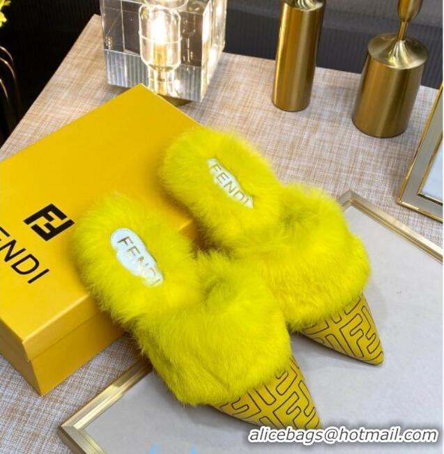 Luxurious Fendi FF Calfskin Fur Flat Slippers Mules 92110 Yellow