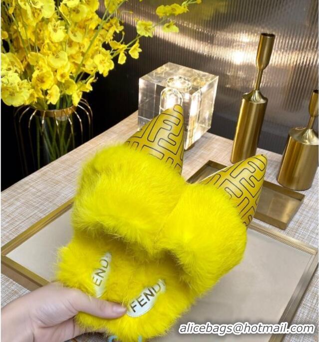 Luxurious Fendi FF Calfskin Fur Flat Slippers Mules 92110 Yellow