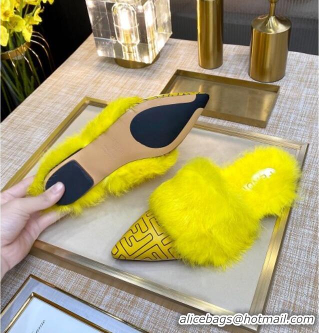 Luxurious Fendi FF Calfskin Fur Flat Slippers Mules 92110 Yellow