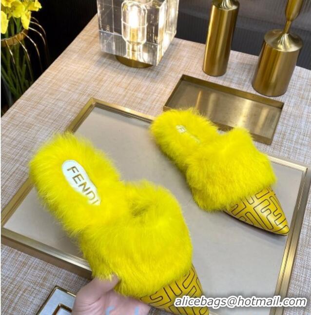 Luxurious Fendi FF Calfskin Fur Flat Slippers Mules 92110 Yellow