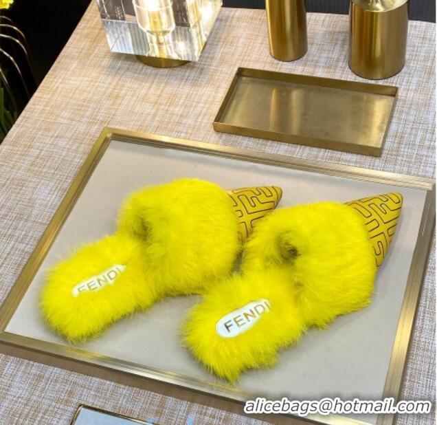 Luxurious Fendi FF Calfskin Fur Flat Slippers Mules 92110 Yellow