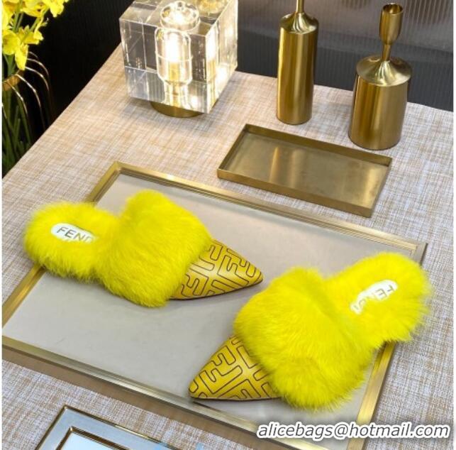 Luxurious Fendi FF Calfskin Fur Flat Slippers Mules 92110 Yellow