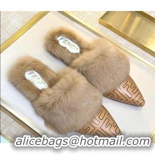 Popular Style Fendi FF Calfskin Fur Flat Slippers Mules 92110 Brown