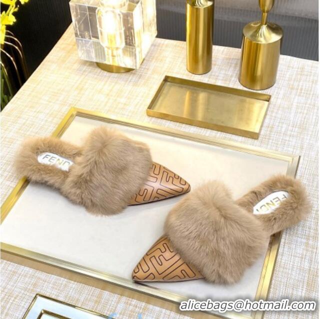 Popular Style Fendi FF Calfskin Fur Flat Slippers Mules 92110 Brown