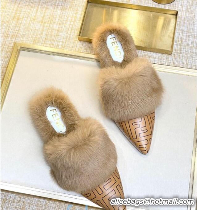 Popular Style Fendi FF Calfskin Fur Flat Slippers Mules 92110 Brown