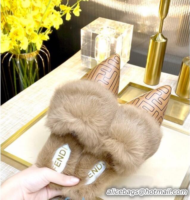 Popular Style Fendi FF Calfskin Fur Flat Slippers Mules 92110 Brown