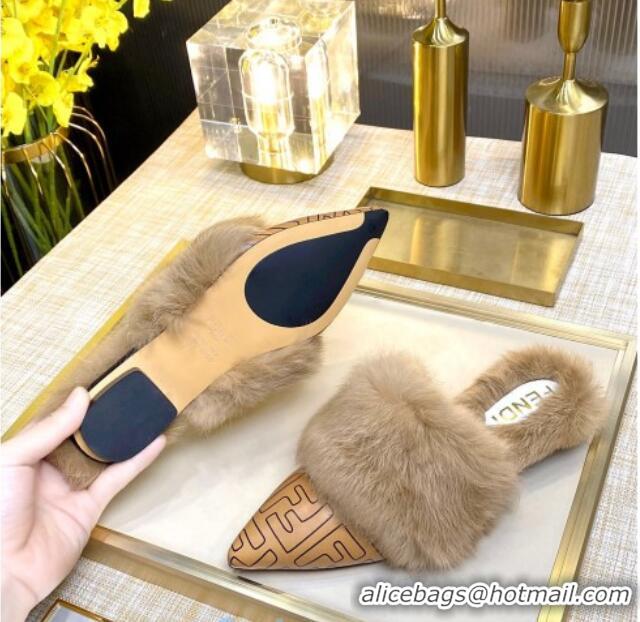 Popular Style Fendi FF Calfskin Fur Flat Slippers Mules 92110 Brown