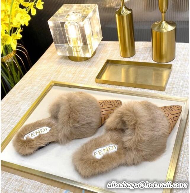 Popular Style Fendi FF Calfskin Fur Flat Slippers Mules 92110 Brown