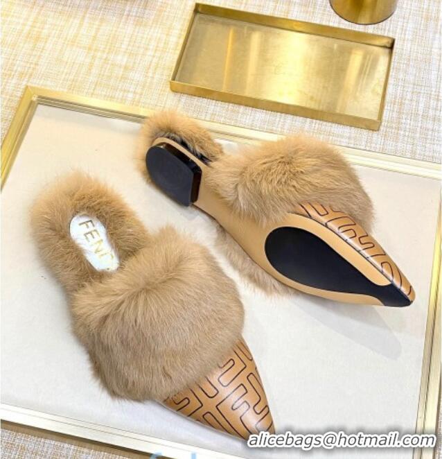 Popular Style Fendi FF Calfskin Fur Flat Slippers Mules 92110 Brown