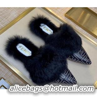 Stylish Fendi FF Calfskin Fur Flat Slippers Mules 92110 Black