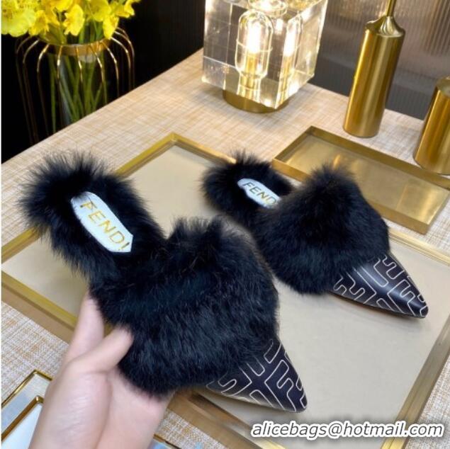 Stylish Fendi FF Calfskin Fur Flat Slippers Mules 92110 Black