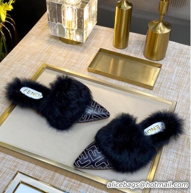 Stylish Fendi FF Calfskin Fur Flat Slippers Mules 92110 Black