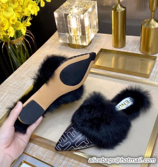 Stylish Fendi FF Calfskin Fur Flat Slippers Mules 92110 Black