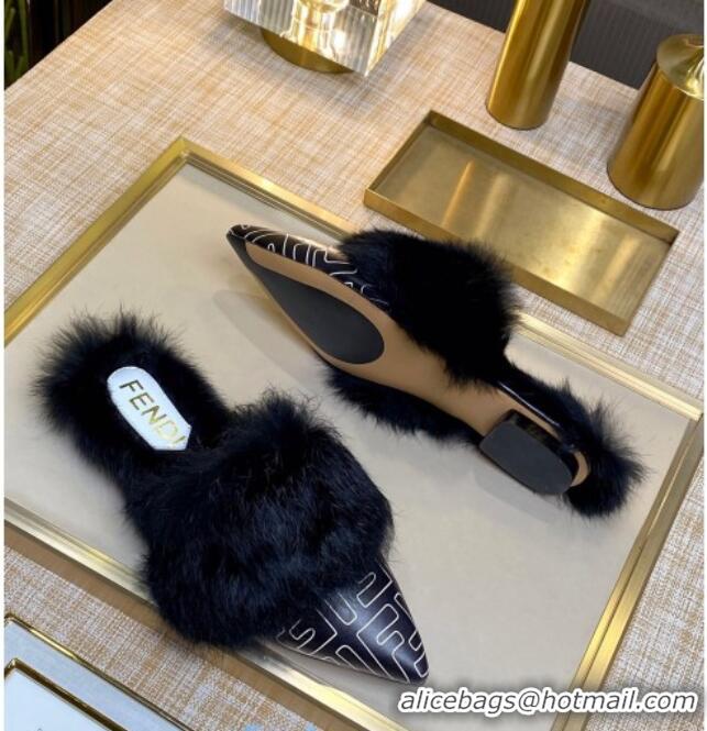 Stylish Fendi FF Calfskin Fur Flat Slippers Mules 92110 Black