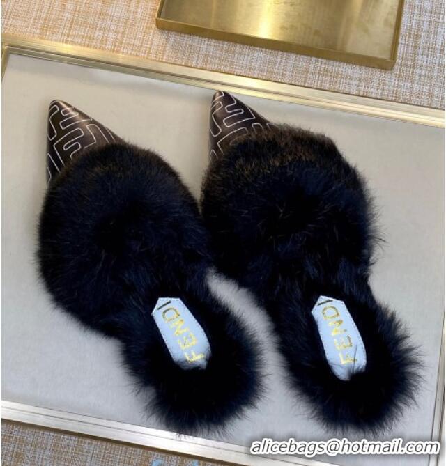 Stylish Fendi FF Calfskin Fur Flat Slippers Mules 92110 Black