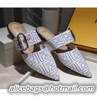 Good Product Fendi FF Leather Flat Mules with Buckle Band 92114 White