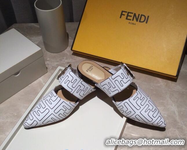 Good Product Fendi FF Leather Flat Mules with Buckle Band 92114 White