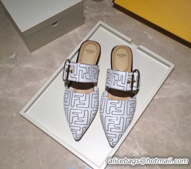 Good Product Fendi FF Leather Flat Mules with Buckle Band 92114 White