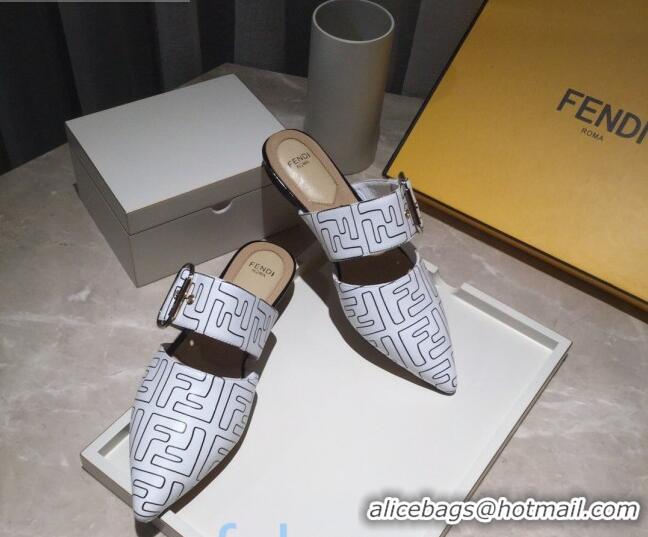 Good Product Fendi FF Leather Flat Mules with Buckle Band 92114 White