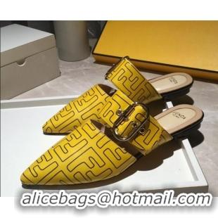 Low Cost Fendi FF Leather Flat Mules with Buckle Band 92114 Yellow