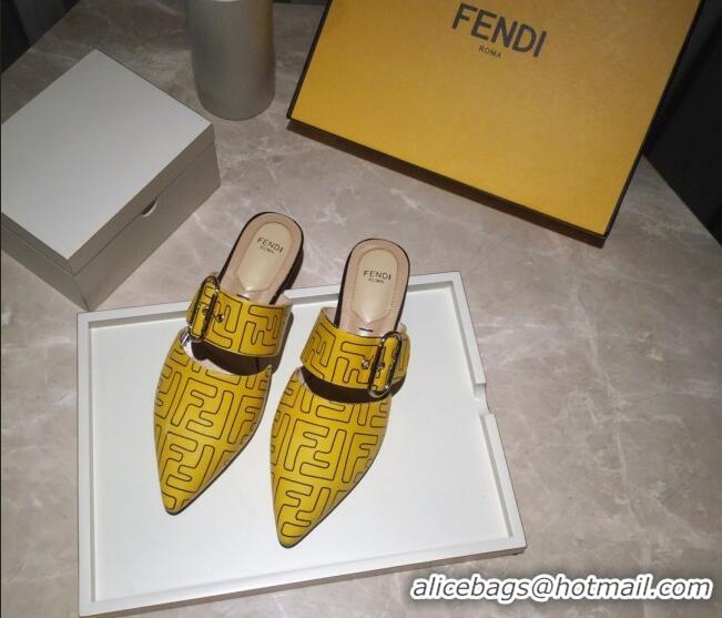 Low Cost Fendi FF Leather Flat Mules with Buckle Band 92114 Yellow