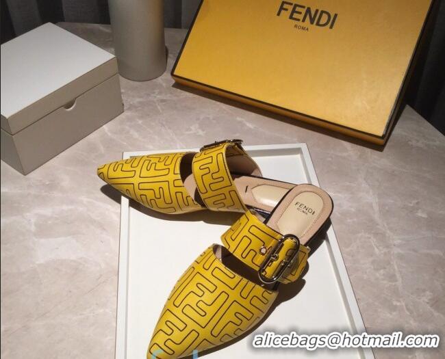 Low Cost Fendi FF Leather Flat Mules with Buckle Band 92114 Yellow