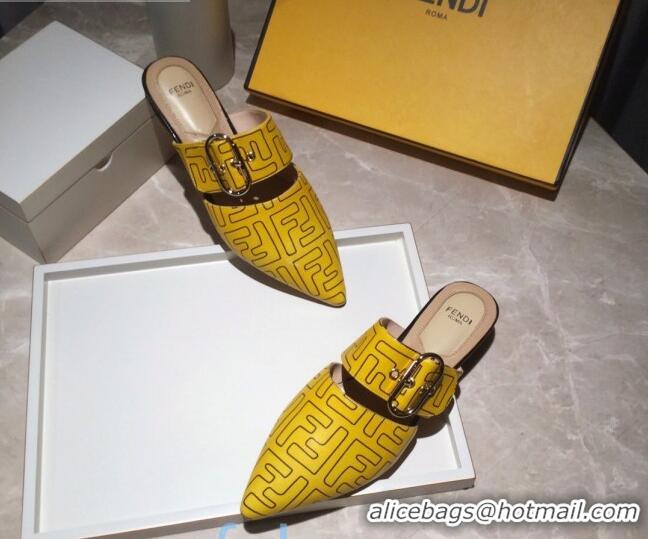 Low Cost Fendi FF Leather Flat Mules with Buckle Band 92114 Yellow